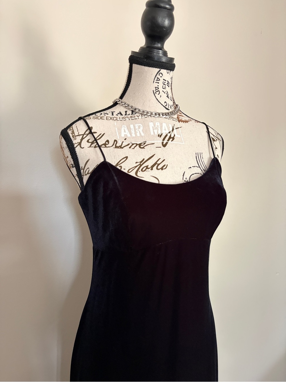 90s Vintage Black Velvet Goth Grunge Maxi Dress Spaghetti Strap | Morticia - Picture 2 of 7